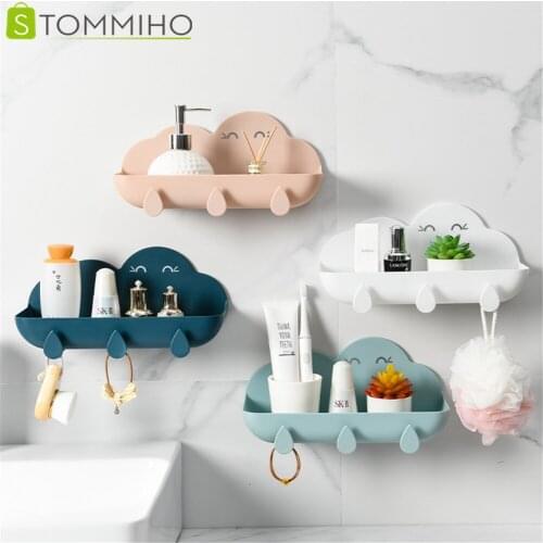 STOMMIHO Bathroom Storage Rack Towel Shelf Wall Mounted Shampoo Rack Cloud Shape Wall-mounted Hooks Organization Household