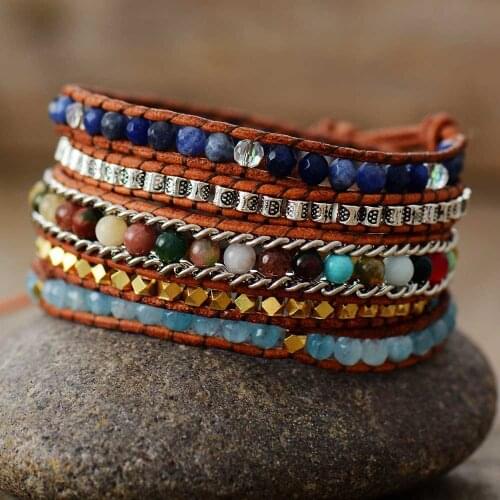 Handmade 5 Strands Leather Wrap Bracelet Vintage Natural Stone Weaving Statement Bracelet Bohemian Jewelry Bijoux Wholesale