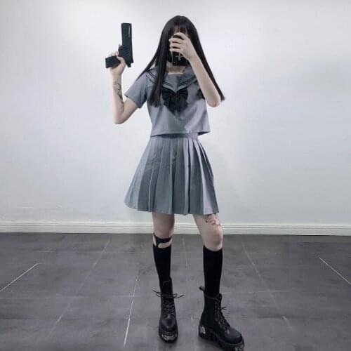 Grey Womens Japanese JK School Uniform Suit: Sailor Collar Short Sleeve Blouse Shirt + Pleated Mini Skirt + Bow Preppy Style