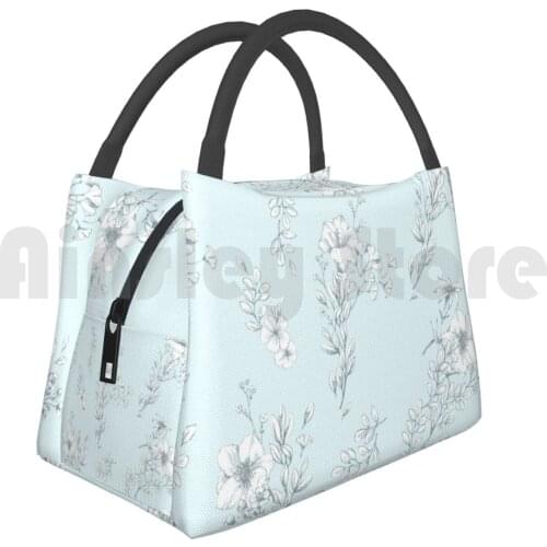 Cooler Lunch Bag Picnic Bag Pastel Blue Floral Pattern Pastel Blue Floral Flowers White Outline Series Soft Nature