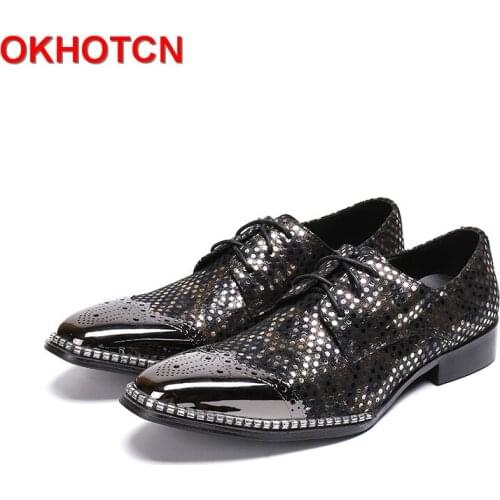 Bling Genuine Leather Men Shoes Lace Up Oxford Shoes for Men Designer Rhinestone Mocassin Homme OKHOTCN Cow Suede Dress Shoes