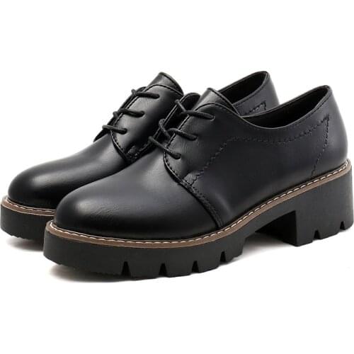 New Spring Fashion Oxford Casual Shoes Woman Pu Leather Lace Up Women Shoes Female Solid Square High Heels Platform Ladies Shoes
