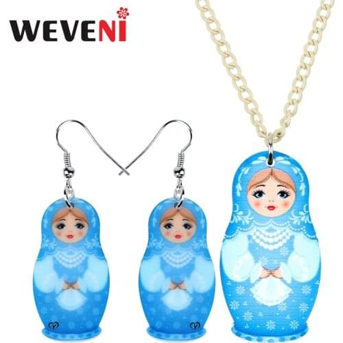WEVENI Acrylic Jewelry Sets Blue Printing Flower Ladies Russian Doll Necklace Earrings Drop Elegant Jewelry For Women Girls Gift