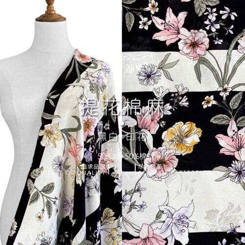 Jacquard cotton linen dark texture black and white stripes color printing pure natural linen fabric spring and summer cloth