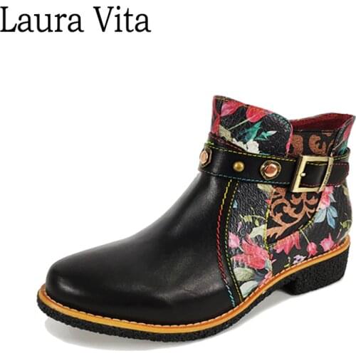 Laura Vita 2019 NEW COCRALIEO 04 Genuine Leather Bohemia Ankle Boots Vintage Printed Autumn Winter Women Boots Square Low