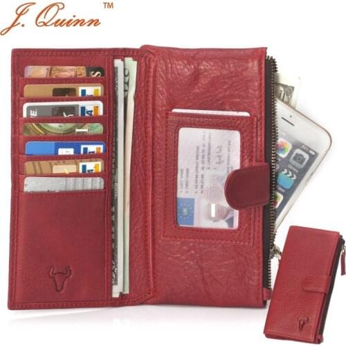 J.Quinn Red Women Hasp Long Wallets with Zipper Pocket Credit Card Dollar Genuine Leather Wallet Purse for Womens Lady Cute Case