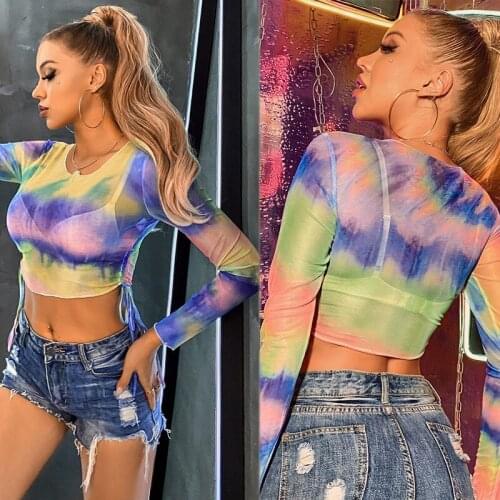 Kili Sexy Tie Dye Print See Through Crop Mesh Top Women Long Sleeve T-Shirt Female Fashion O Neck Side Lace Up Tee Tops
