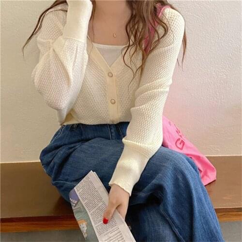 2021 New Autumn V-Neck Korean Knitted Cardigan Women Long Sleeve Knitting Sweater Coat Outwear Knitwear Loose Tops
