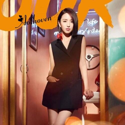 Summer Vest Double Breasted Dresses Black Sleeveless Notched Collar Women Dress Office Lady Bandage Sexy Mini Dress Vestidos