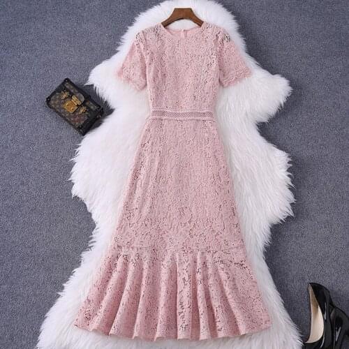Women Pink Lace Dress Short Sleeve Floral Hollow Out Sexy Mermaid Dresses Spring Summer 2021 Fashion Cute Kawaii