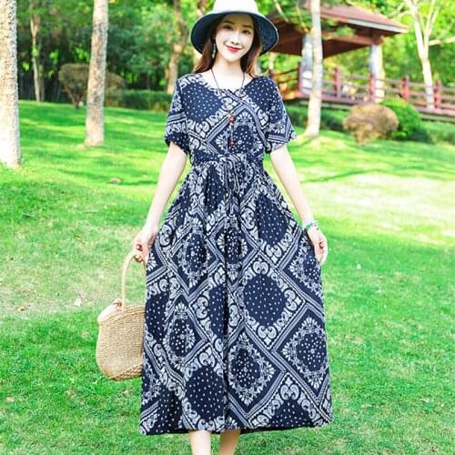 Prairie Chic Vintage Dress 2021 New Arrival Cotton Linen Loose Summer Dress Print Floral Draw String Women Travel Casual Dress