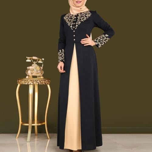 2021 Elegant Printed Muslim Women Dresses Abayas Robe Patchwork With Button Party Ladies Dubai Turkish Clothing Female New