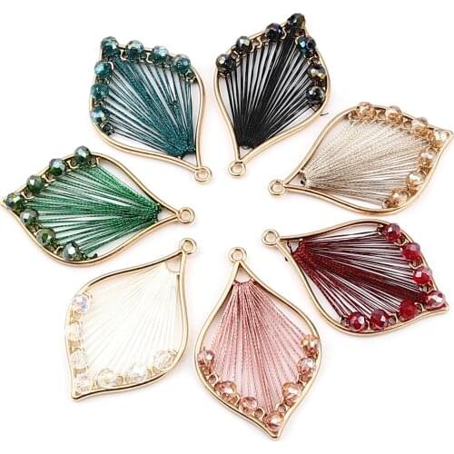3 PCs Iron Based Alloy & Glass Hollow Leaf Thread Wrapped Pendants Leaf Charms Gold Color Champagne 42mm x 26mm For DIY Finding