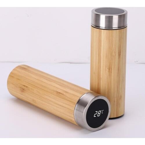 450ml/500ml Smart Bamboo Thermos Bottle Coffee Cup Temperature Display Stainless Steel Vacuum Flask Portable Water Bottle