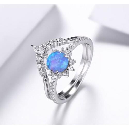 ANZIW 925 Sterling Silver Blue Round Opal Ring Sets Wedding Engagement Bridal Rings For Women Party Lover Ring Sets Gifts