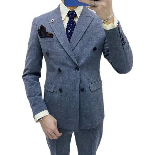 Blazer + Vest + Pants ) Mens Classic Lattice Suits 3 Pces Set Men Slim Suits Double Breasted For Groom Wedding Tuxedo Dress