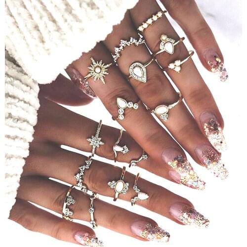 16Pcs/Sets Boho Vintage Knuckle Women Crystal Star Crescent Geometric Female Finger Rings Fashion Bohemian Jewelry