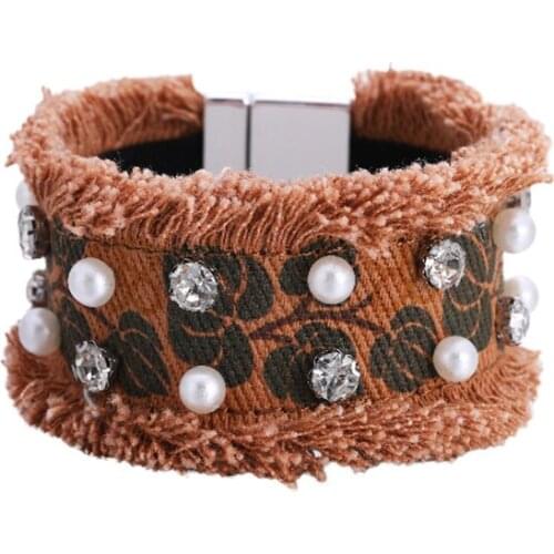 Hippie Retro Denim Fabric Bracelet HandMade Jewelry for Women Flower Print Pearl Crystal Party Gifts