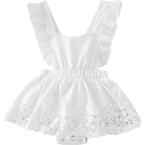 2021 0-24M Infant Baby Girl Summer Romper Sweet Flower Lace White Solid V Neck Fly Sleeve Tutu Playsuit Dress Outfit