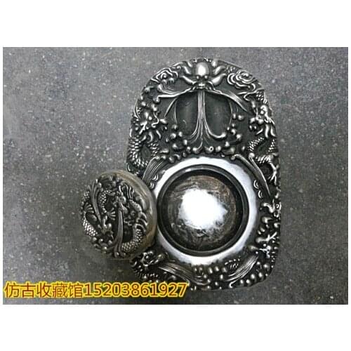 Chinese ancient Tibet silver dargon statue inkslab-Chinese calligraphy tool metal crafts home decoration inkslab