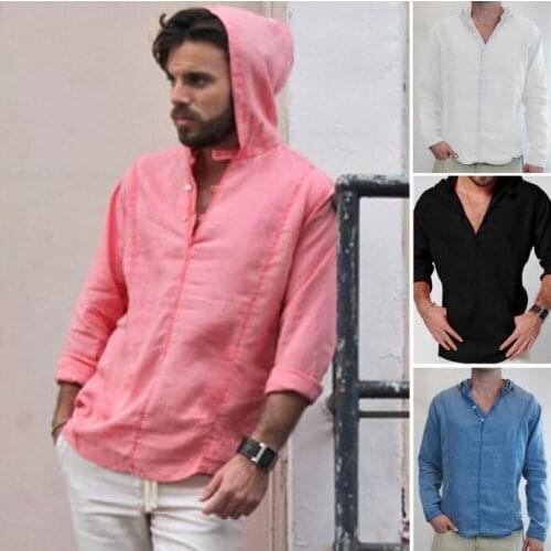 Fashion Mens Hooded Long Sleeve Casual Shirt Solid Cotton Linen M3