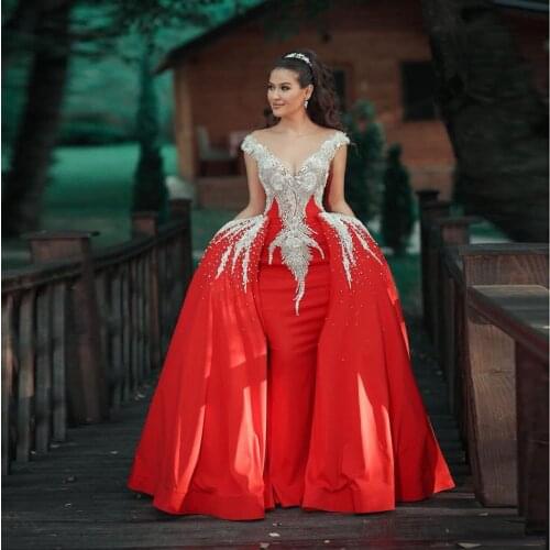 Fashion Sexy Red Moroccan Caftan Evening Dress Deep V-Neck Celebrity Dress Saudi Arabia Dubai Muslim Formal Prom Dress Custom