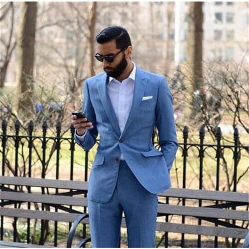 New Tailor Made Light Blue Men Suits 2pieces(Jacket+Pants+Tie) Slim Fit Groom Prom Tuxedo Summer Style Blazer For Men