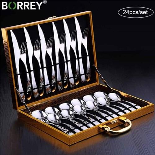 BORREY 24Pcs Stainless Steel Cutlery Set Silver Tableware Flatware Silverware Gift Classic Dinner Tableware With Wood Gift Box