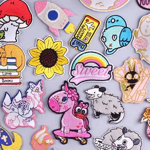 Fox/Mouse Anime Patch Embroidery/Kawaii Unicorn Embroidered Patches For Clothing Iron On Patches On Clothes Stripe Sewing Patch
