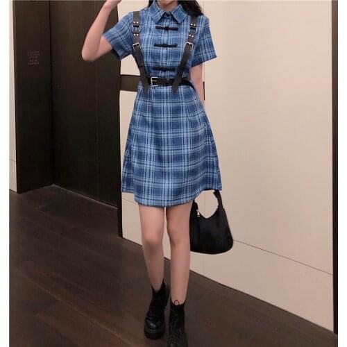 2020 summer new waist blue plaid lapel single row Chinese button A-line short sleeve dress belt metal buckle decoration