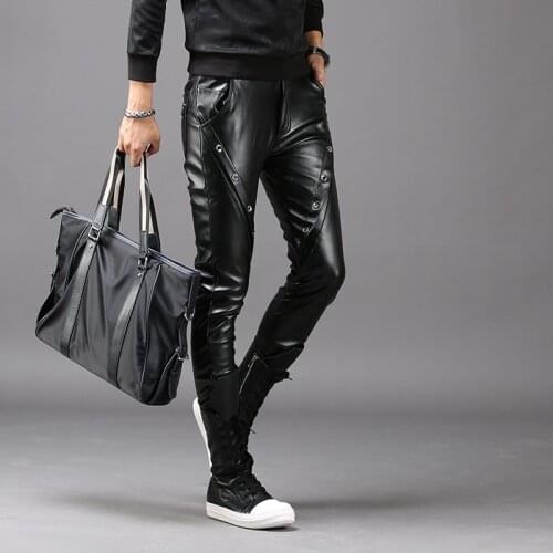 New Large Size Autumn Winter Fashion Trend Korean Slim Men Leather Pants Male Tight Nightclubs Trousers Motorcycle Pants 28-36