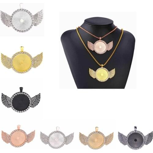 20PCS Diamond Cabochon Pendant Base DIY Jewelry Making Wing Necklace Crafts Accessories 30mm Alloy Round Tray Jewellry Findings