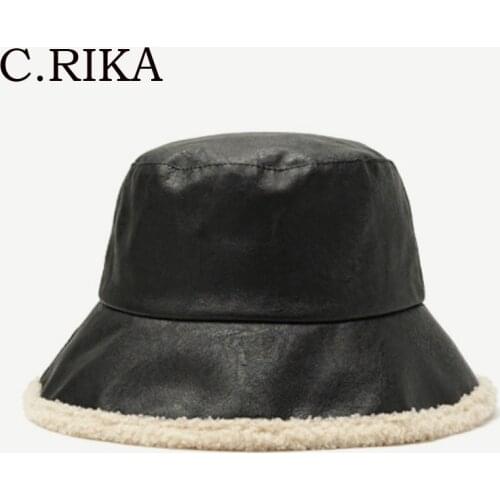 Winter Pu Leather Lambswool Bucket Hat Women PU Warm Velvet Solid Bucket Hats Unisex Fashion Double-sided Panama Fisherman Caps