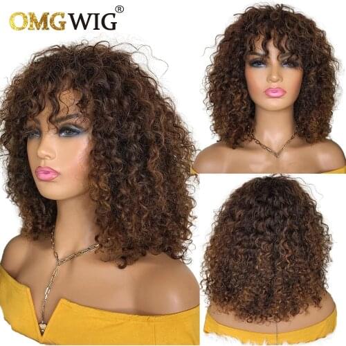 Brown Color Brazilian Remy Curly Hair Wig With Bangs 180% Density Deep Wave Glueless Human Hair Wigs For Black Women No Lace Wig