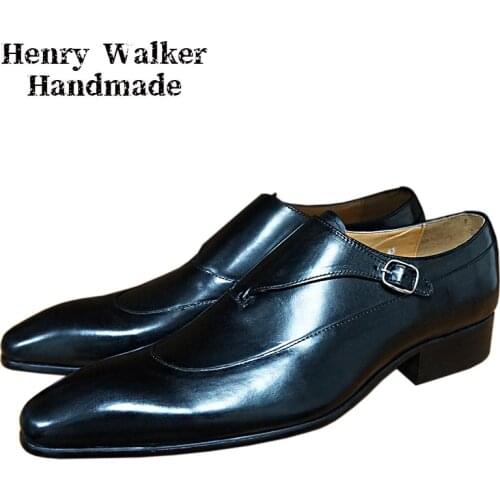 Luxury Men Loafers Shoes Black Coffe Pointed Toe Monk Casual Shoes Leather Men Dress Shoes Business Office Wedding Formal Shoes