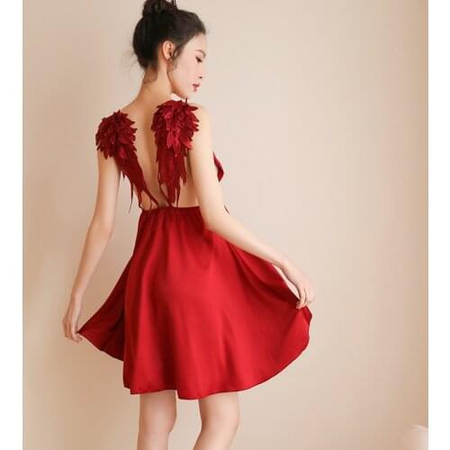 Sexy Temptation Female Underwear Shoulder Decals Spread Wings Lace Ice Silk Straps Backless Nightdress Pajamas for Women