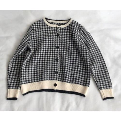 British style round neck small grid buttoned sweater long-sleeved all-match round neck sweater fashion casual cotton