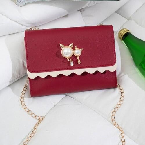 Women Cute Crossbody Bag Cat Pearl Pendant Small Square Bag Female Wild Chain Shoulder Messenger Bag Hasp Flap Handbag Designer