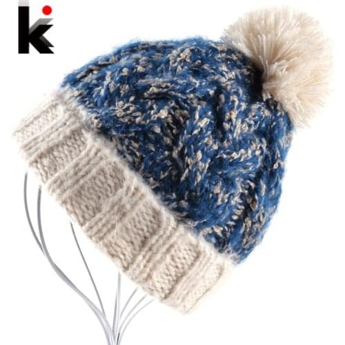 2018 Womens Beanie Winter Knit Pompom Hat Beanie Cap Bonnet Gorros Chapeau Ladies Hand-Knitted Hats For Women Beanies