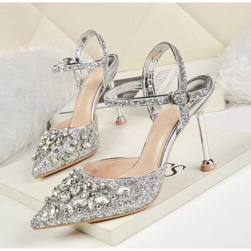 Women Sandals Shoes Buckle Strap Sequined Clot Shallow 9.5cm 6.5cm Thin High Heel Solid Sexy Lady Party Club Female Pumps Shoes