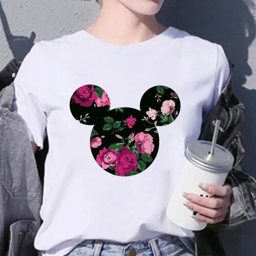 Harajcku Women T-shirts Brand Indie Kid Round Neck White T-shirt Flowers Mickey Mouse Avatar Vetemnet Disney Summne Clothes