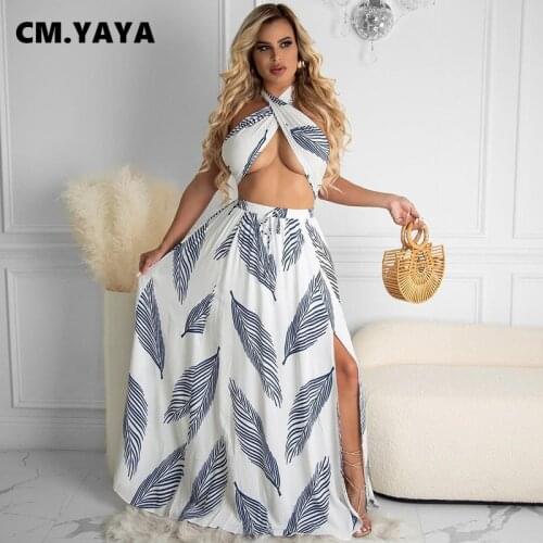 CM.YAYA Women Set Print Sleeveless Bandage Halter Crop Tops Long Splited A-line Skirts Two 2 Piece Sets Fashion Outfit Summer