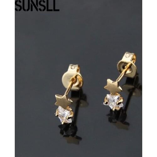 SUNSLL 2pcs Fashion Mini Star Gold Earring White Zircon Small Bling Stud Earrings For Women Piercing Jewelry Party Birthday Gift