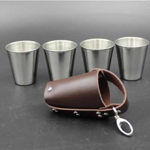 4 Pcs set Polished 70ml Mini Stainless Steel liqueur glass Shot Glass Cups Wine Beer Whiskey Cup Leather Cover Bag