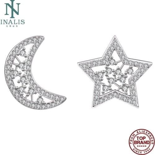 INALIS Luxurious Stud Earrings For Women Hollow Out Star And Moon Earring Inlay Clear Zircon Anniversary Gift Fashion Jewelry