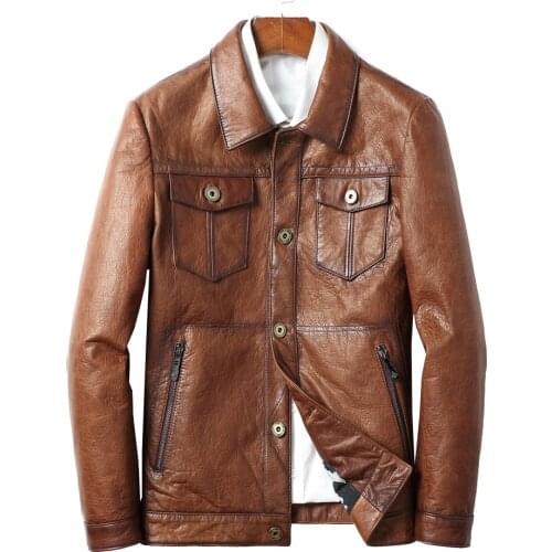2020 New Oil Wax Sheepskin Leather Jacket Men Brown Causal Classic Natural Sheepskin Leather Clothing