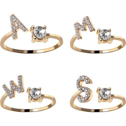 Gold Color Letter A-Z Openable Adjustment Rings Simple Wild Crystal Inlay Gem Circle Ring Women Wedding Jewelry Anniversary Gift