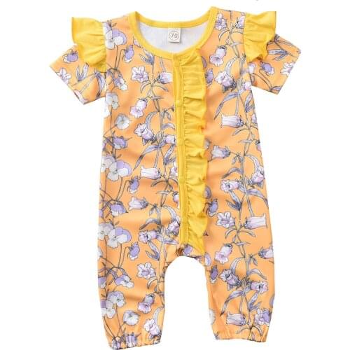 Baby Girls Floral Print Romper with Ruffle, Short Sleeve O-neck Button-up Jumpsuit