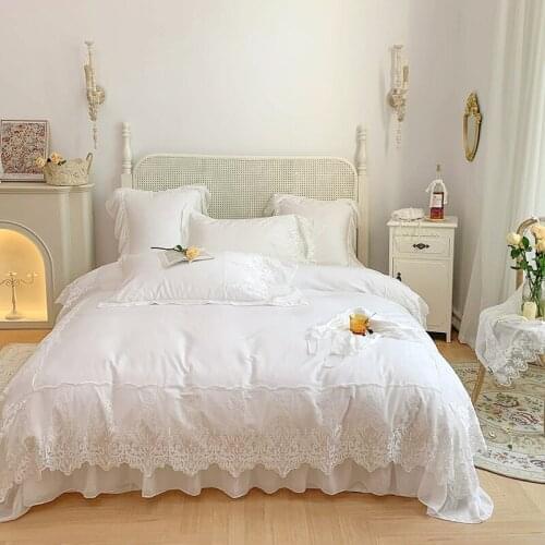 4/6Pcs Luxury White French Princess Wedding Bedding Set 1200TC Egyptian Cotton Lace Ruffles Duvet Cover Bed Linen Pillowcases