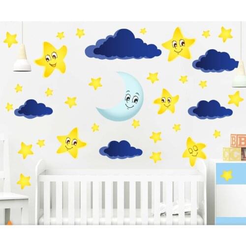 Colorful Moon, Stars and Clouds Wall Adhesive Kids Room Pvc Home Decor Baby Nursery Self-Adhesive Wallpaper Landscape